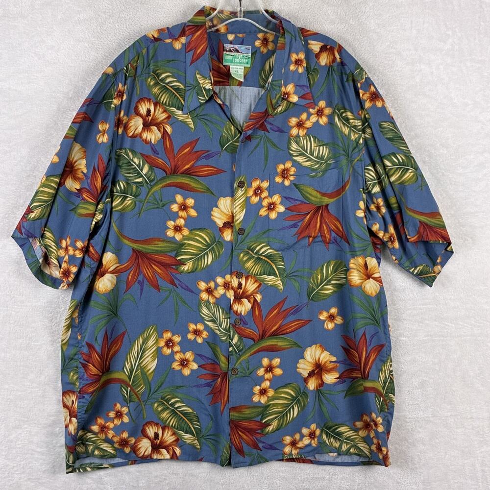 VTG Reyn Spooner Hawaiian Shirt Mens XL Blue Floral Spun Rayon Aloha Camp USA